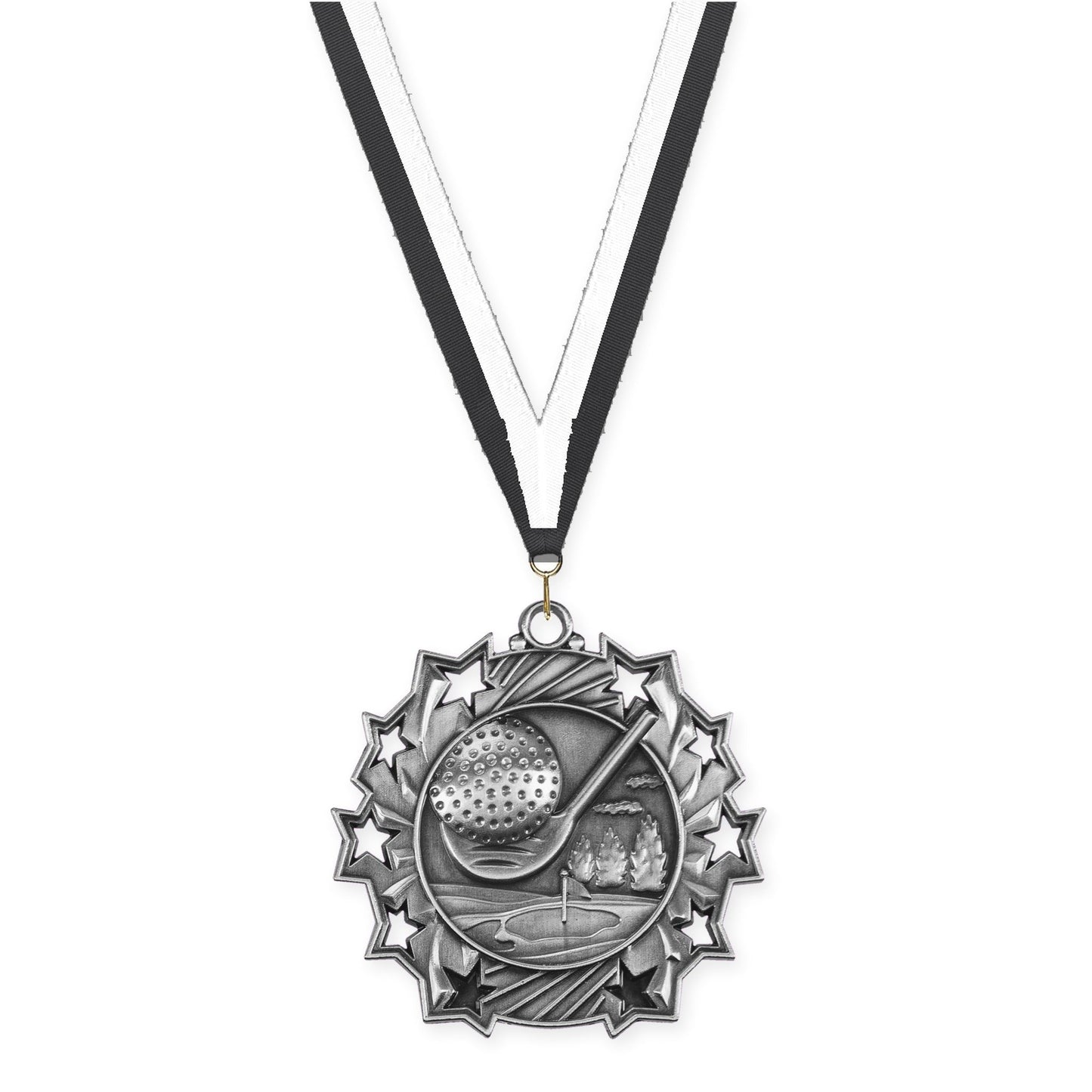 2 1/4 inch golf Ten Star medal in antique silver with Black White neck ribbon