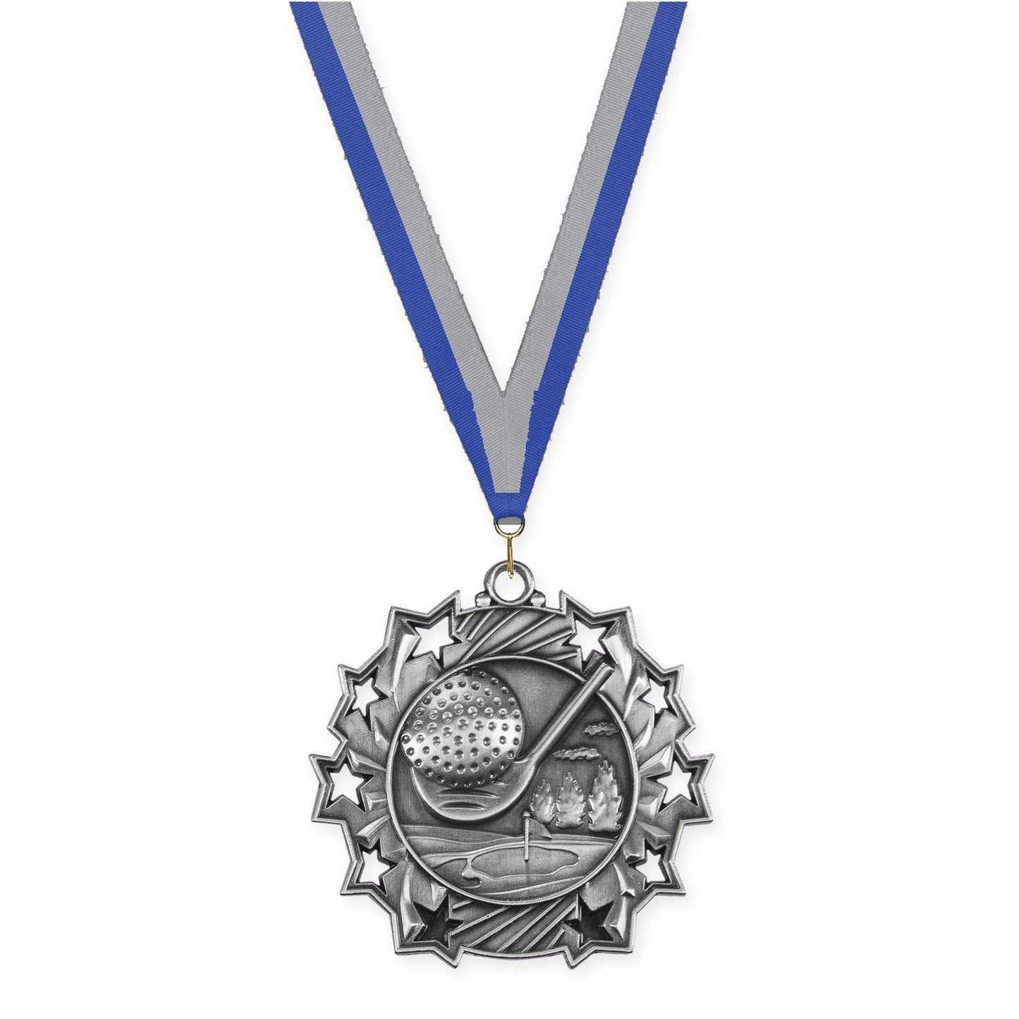 2 1/4 inch golf Ten Star medal in antique silver with Blue Gray neck ribbon