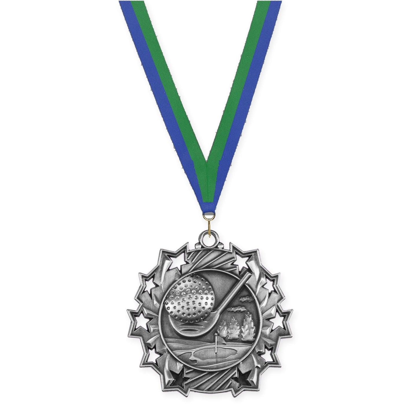 2 1/4 inch golf Ten Star medal in antique silver with Blue Green neck ribbon