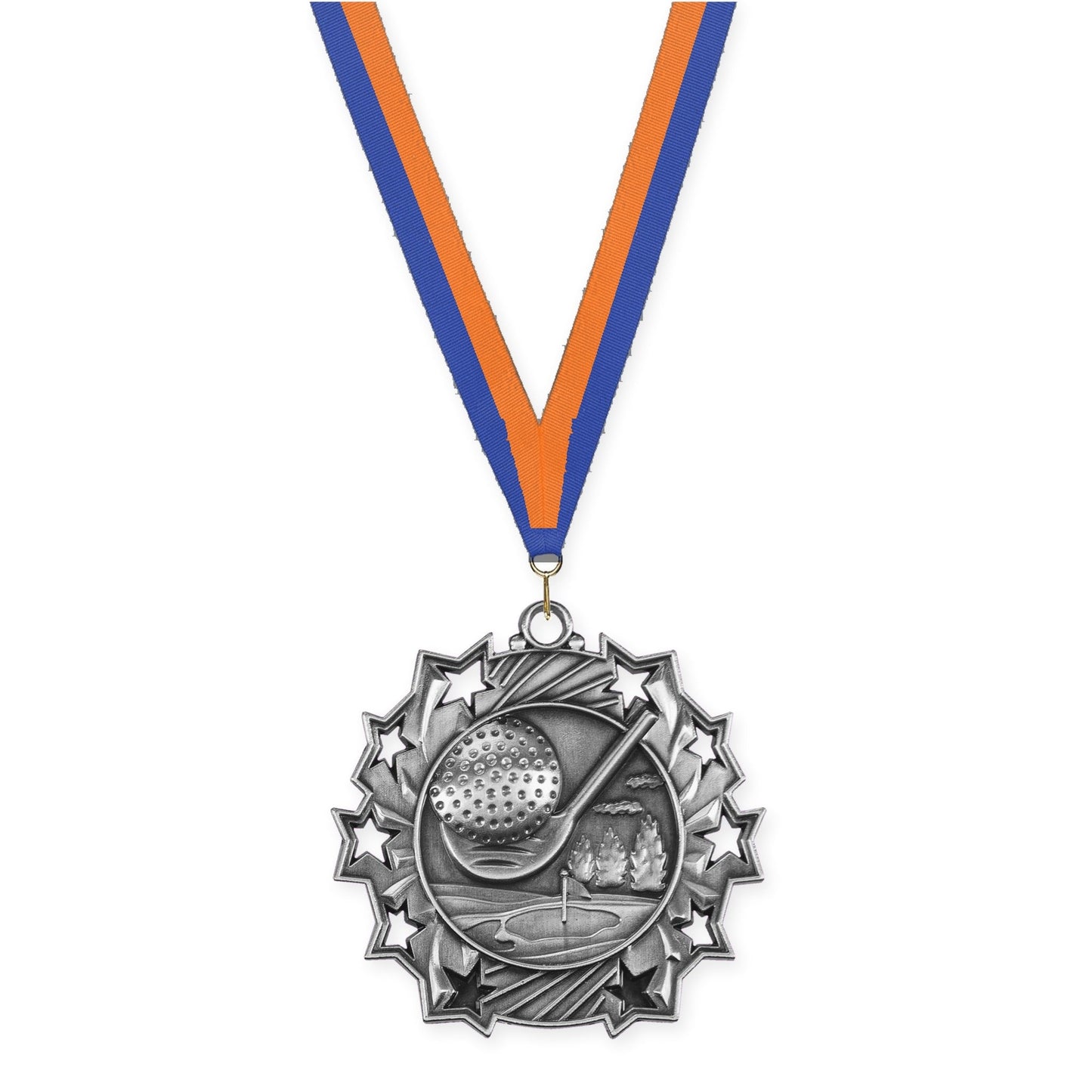 2 1/4 inch golf Ten Star medal in antique silver with Blue Orange neck ribbon
