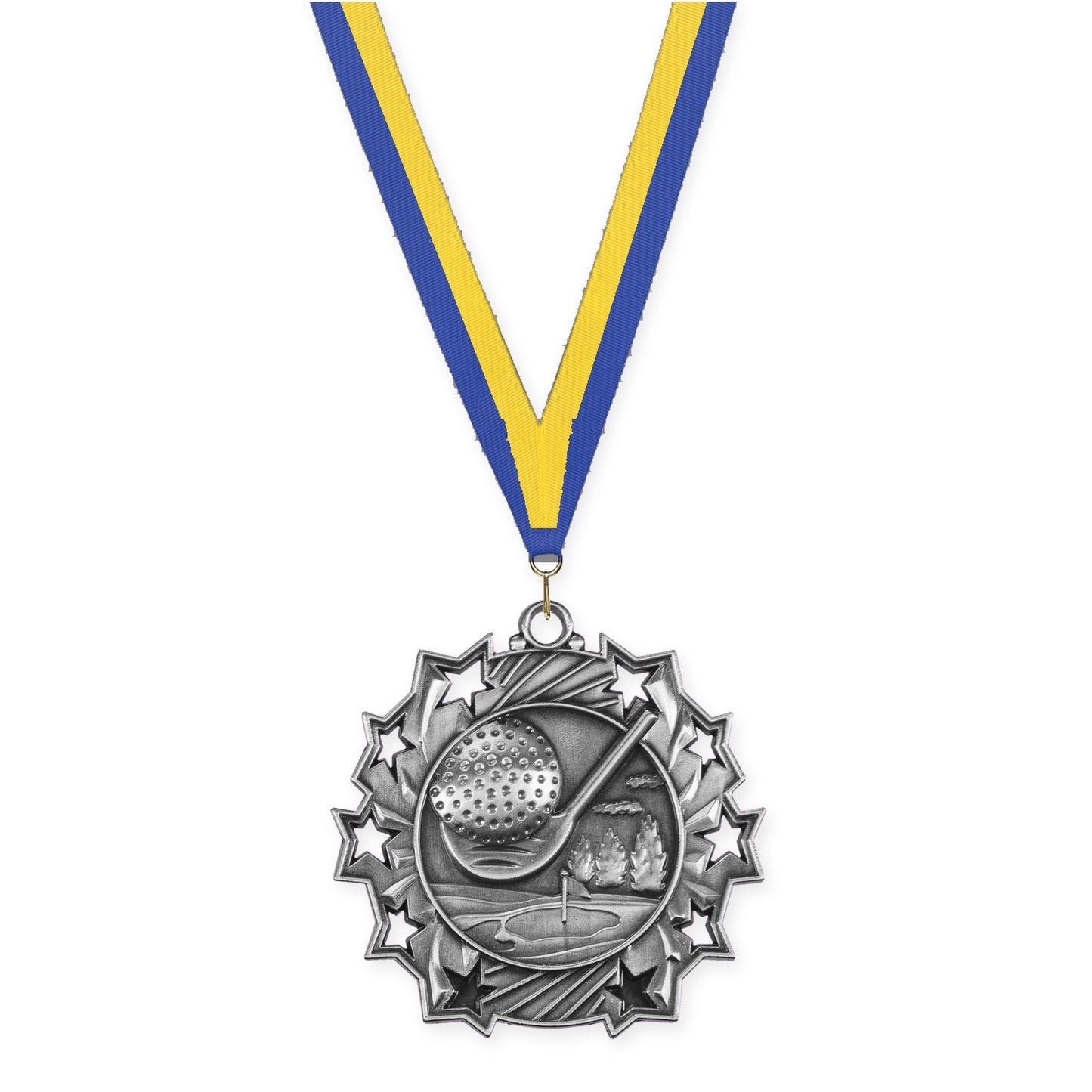 2 1/4 inch golf Ten Star medal in antique silver with Blue Yellow neck ribbon