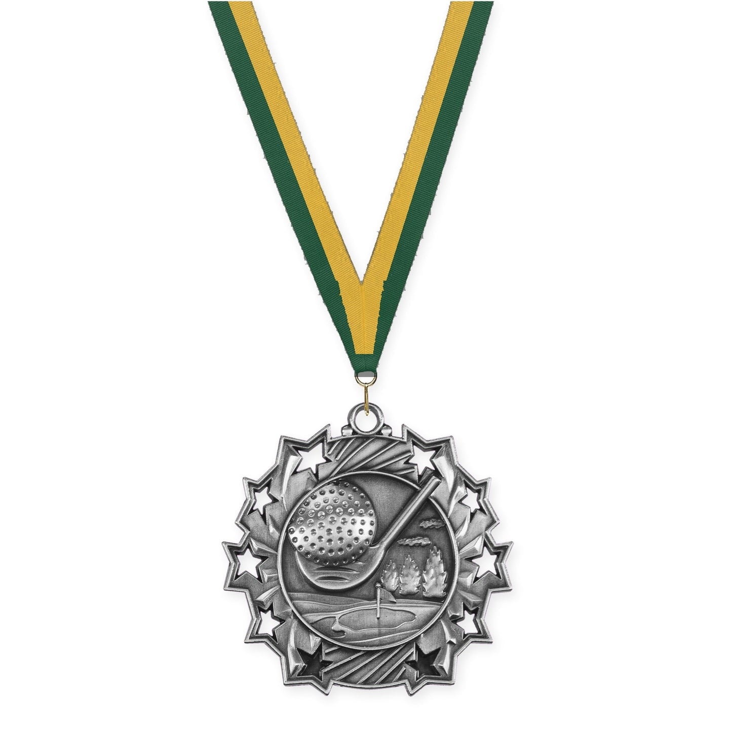 2 1/4 inch golf Ten Star medal in antique silver with Hunter Green Gold neck ribbon