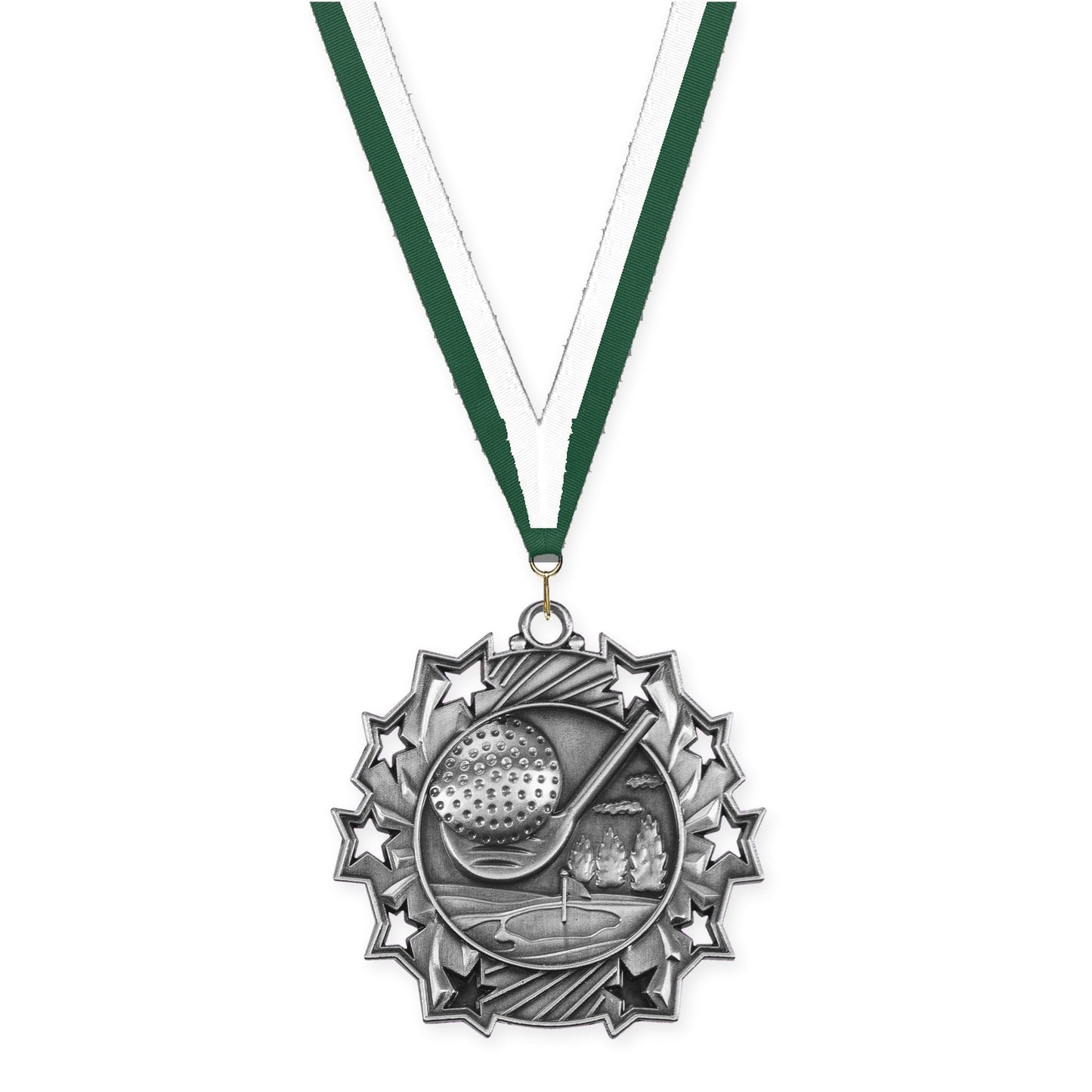 2 1/4 inch golf Ten Star medal in antique silver with Hunter Green White neck ribbon