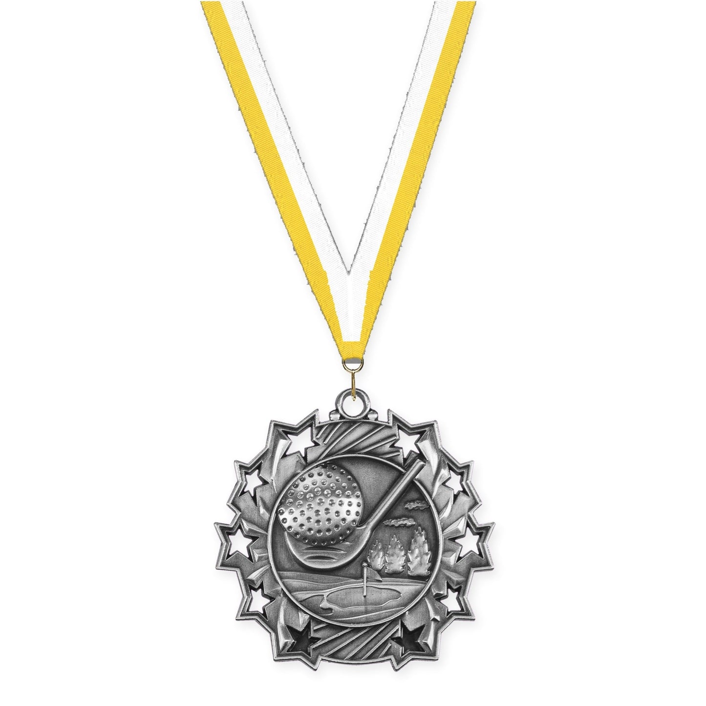 2 1/4 inch golf Ten Star medal in antique silver with Yellow White neck ribbon