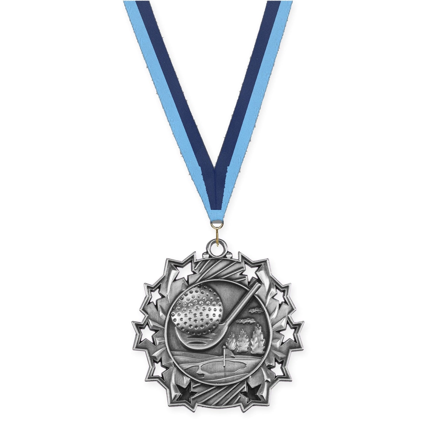2 1/4 inch golf Ten Star medal in antique silver with Light Blue Navy neck ribbon