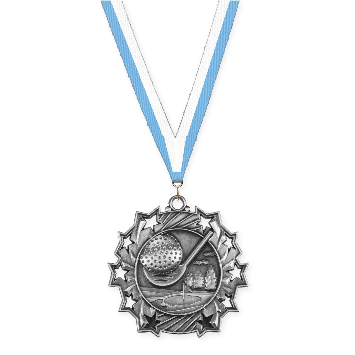 2 1/4 inch golf Ten Star medal in antique silver with Light Blue White neck ribbon