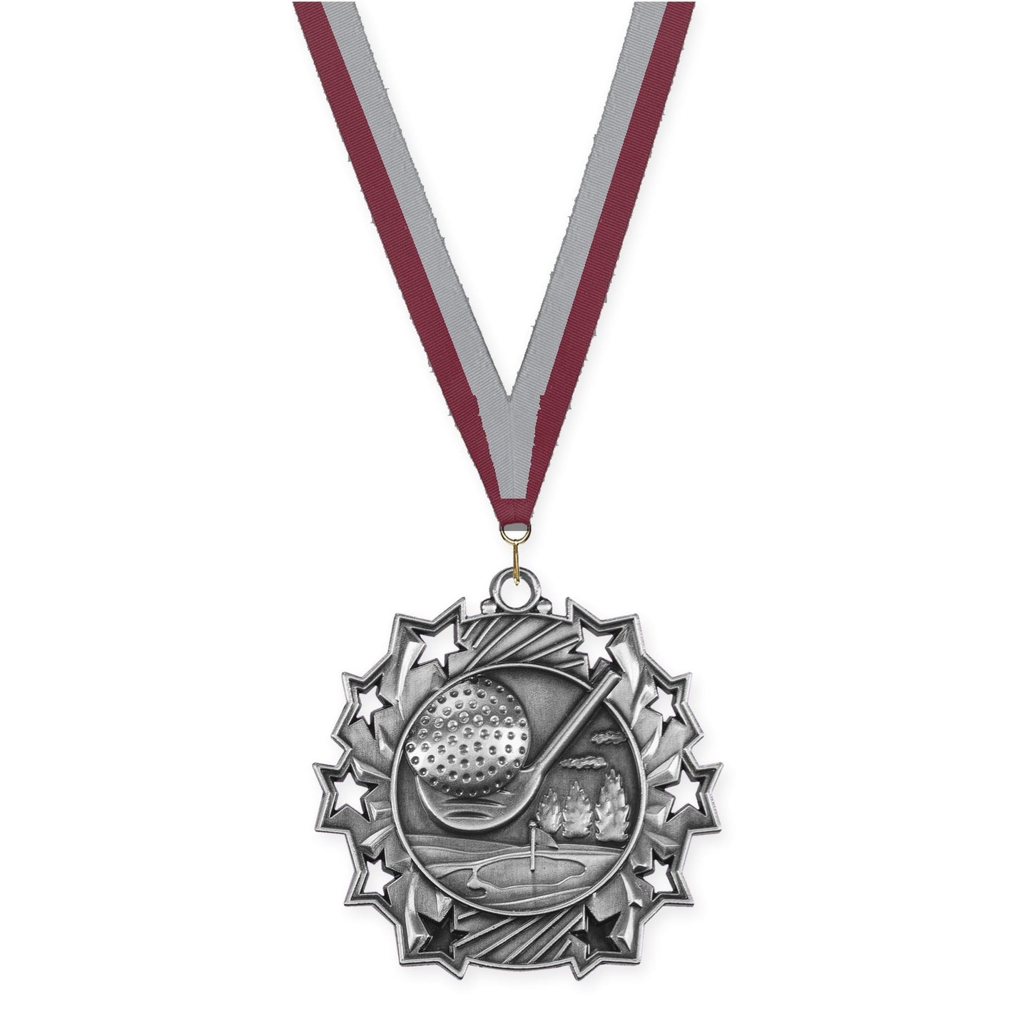 2 1/4 inch golf Ten Star medal in antique silver with Maroon Gray neck ribbon