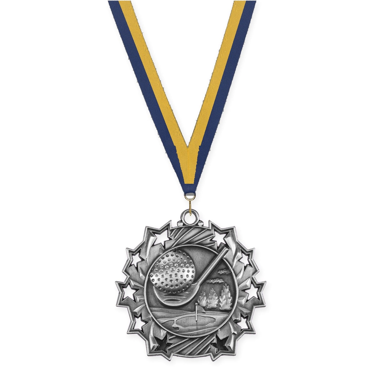 2 1/4 inch golf Ten Star medal in antique silver with Navy Gold neck ribbon