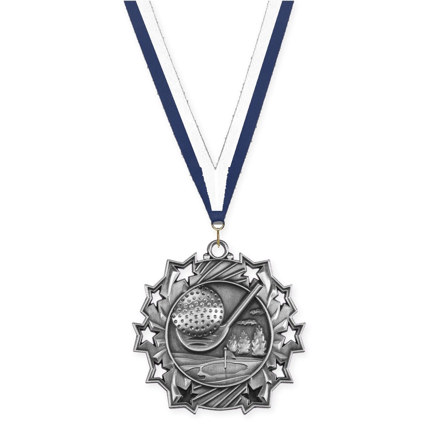 2 1/4 inch golf Ten Star medal in antique silver with Navy White neck ribbon