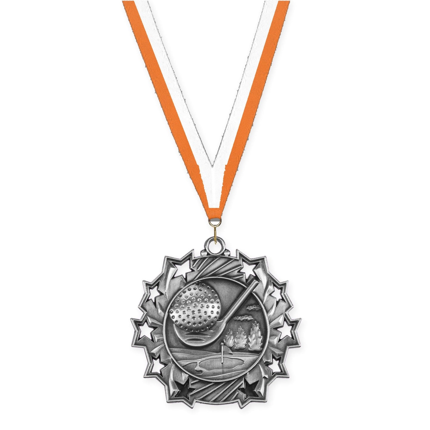 2 1/4 inch golf Ten Star medal in antique silver with Orange White neck ribbon