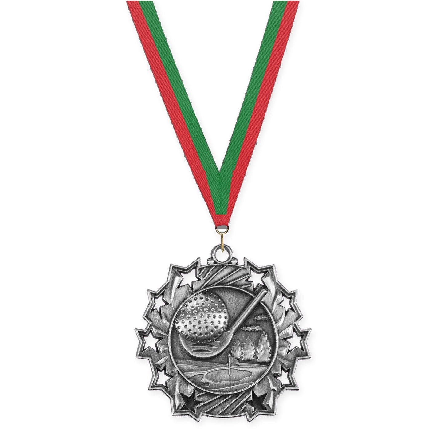 2 1/4 inch golf Ten Star medal in antique silver with Red Green neck ribbon