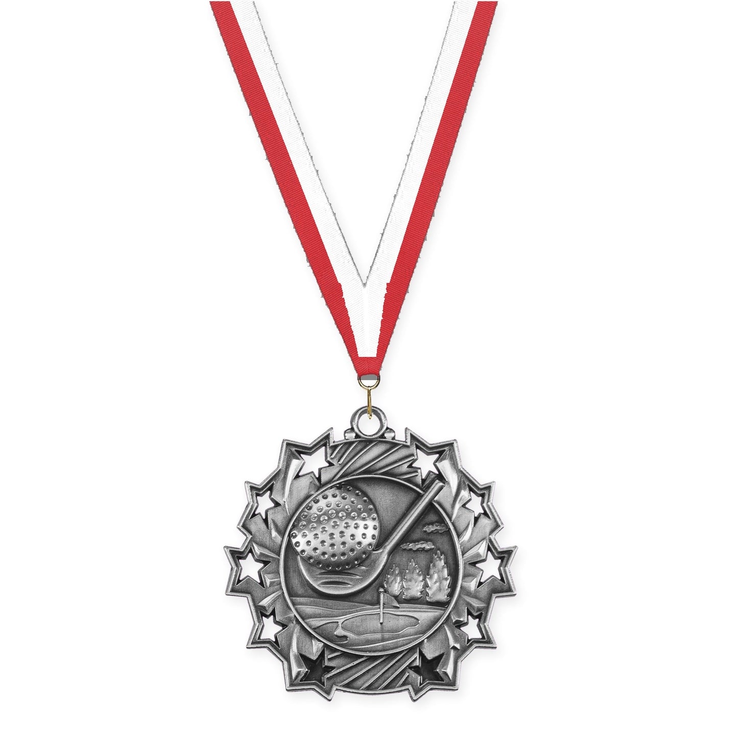 2 1/4 inch golf Ten Star medal in antique silver with Red White neck ribbon