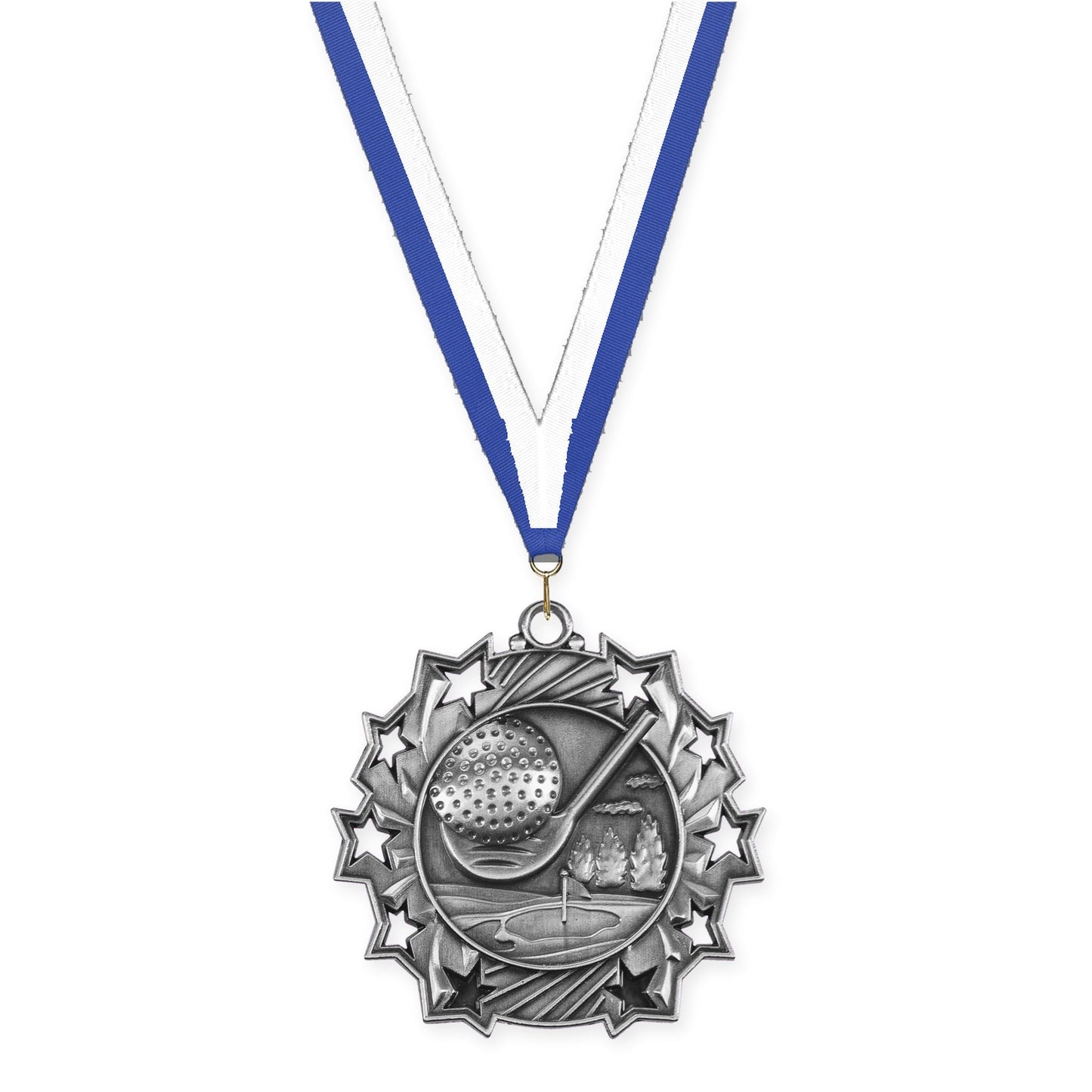 2 1/4 inch golf Ten Star medal in antique silver with Blue White neck ribbon