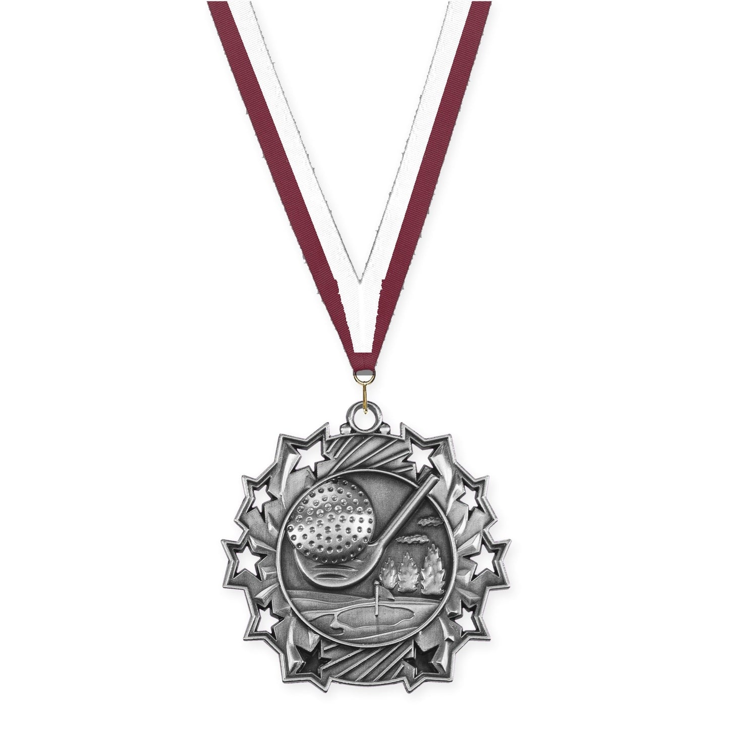 2 1/4 inch golf Ten Star medal in antique silver with Maroon White neck ribbon