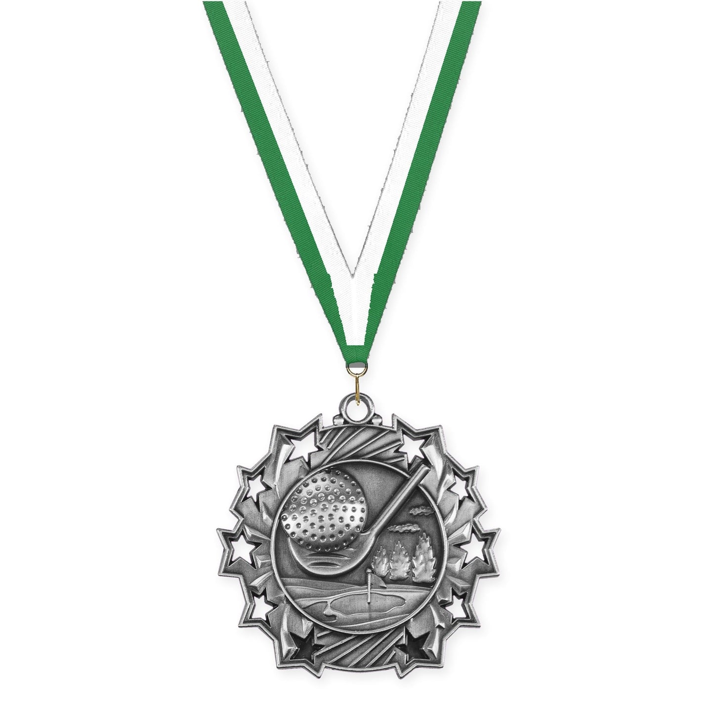 2 1/4 inch golf Ten Star medal in antique silver with Green White neck ribbon