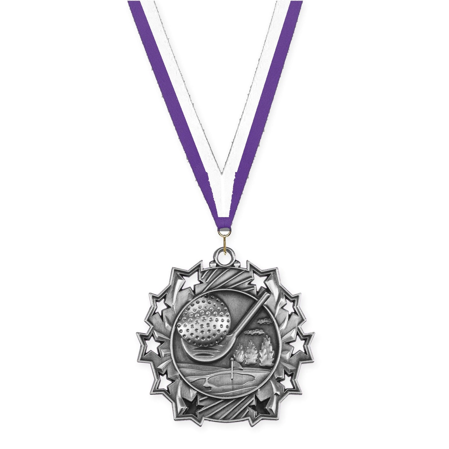 2 1/4 inch golf Ten Star medal in antique silver with Purple White neck ribbon