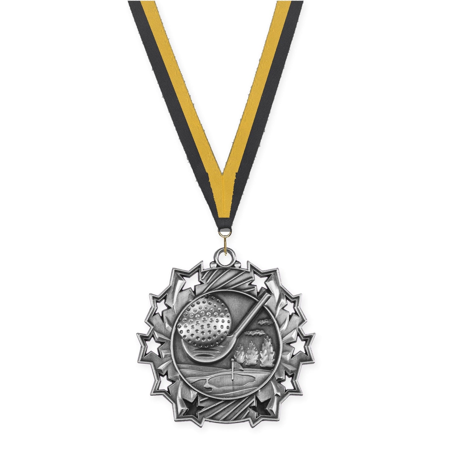 2 1/4 inch golf Ten Star medal in antique silver with Black Gold neck ribbon