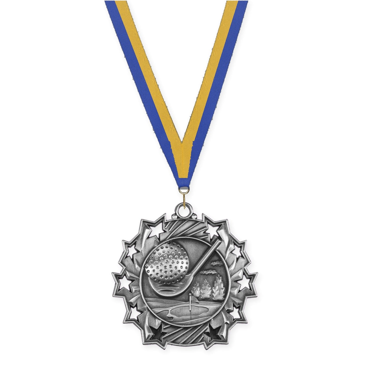 2 1/4 inch golf Ten Star medal in antique silver with Blue Gold neck ribbon