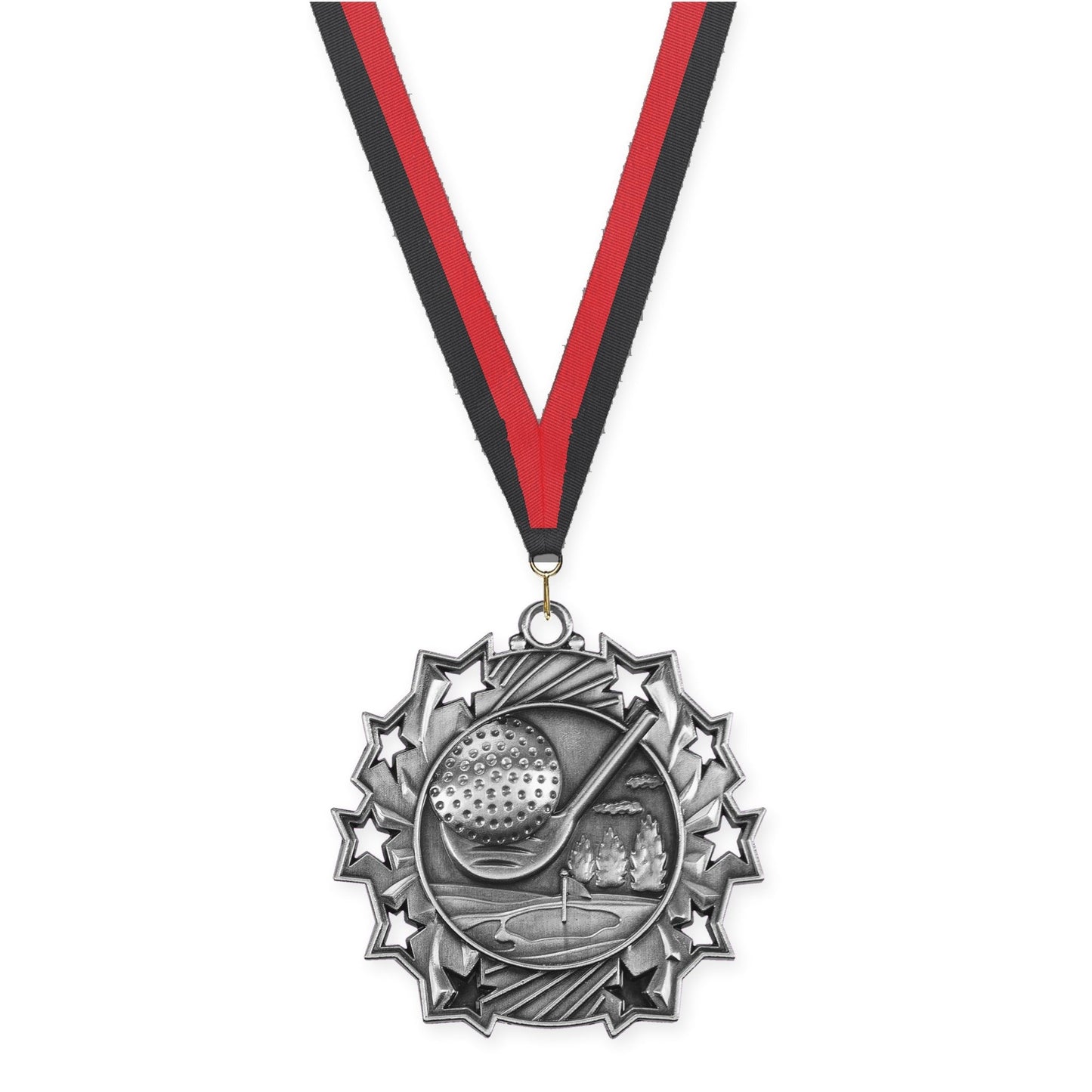 2 1/4 inch golf Ten Star medal in antique silver with Black Red neck ribbon