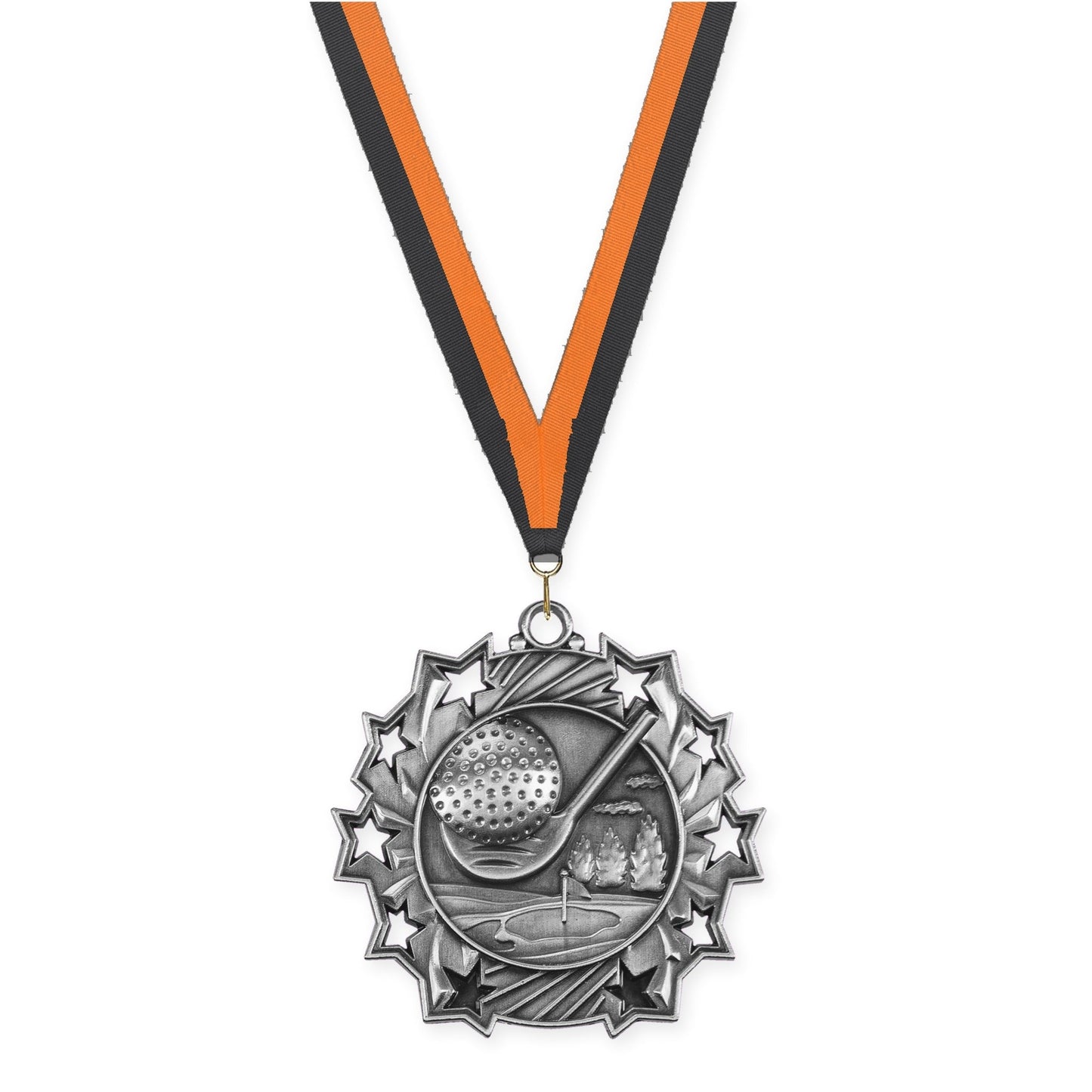 2 1/4 inch golf Ten Star medal in antique silver with Black Orange neck ribbon