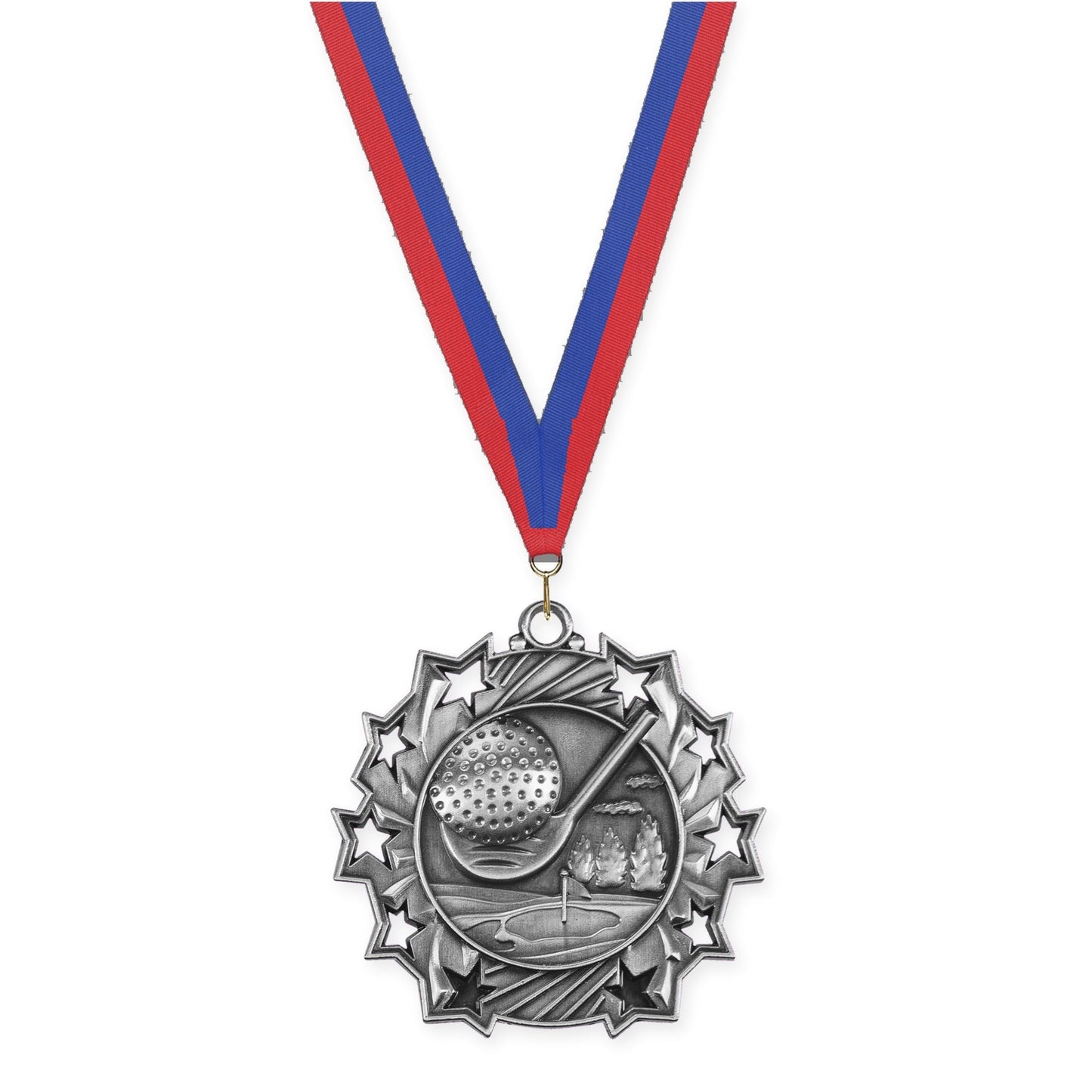 2 1/4 inch golf Ten Star medal in antique silver with Blue Red neck ribbon