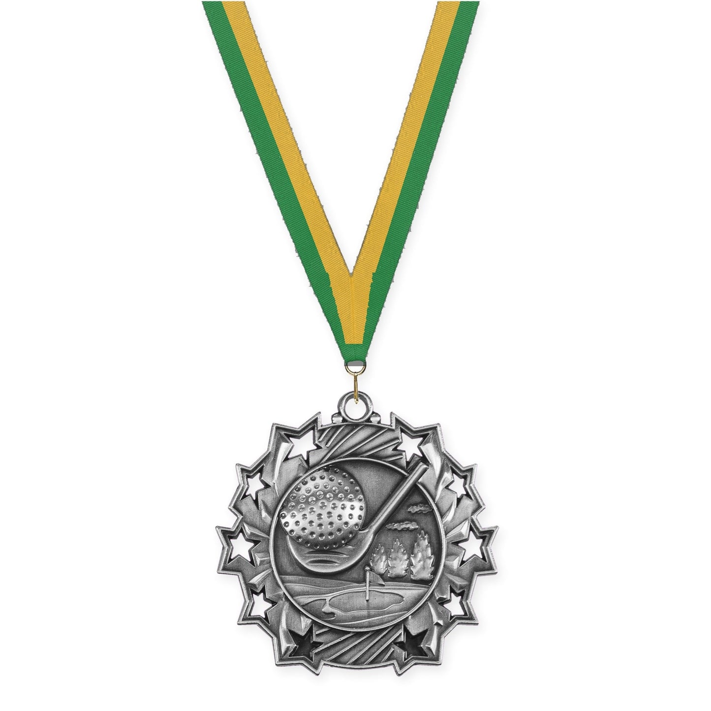2 1/4 inch golf Ten Star medal in antique silver with Green Gold neck ribbon