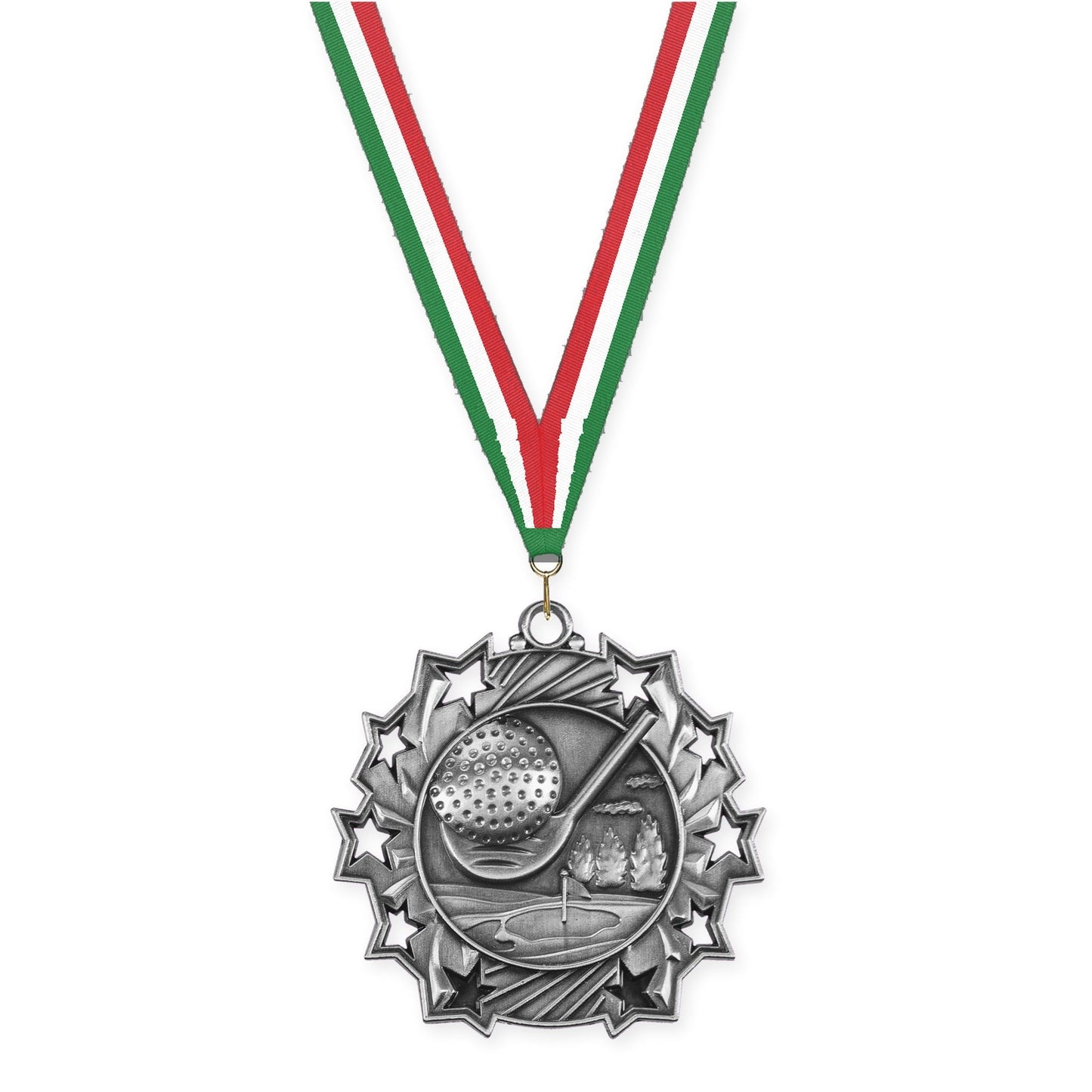 2 1/4 inch golf Ten Star medal in antique silver with Green White Red neck ribbon