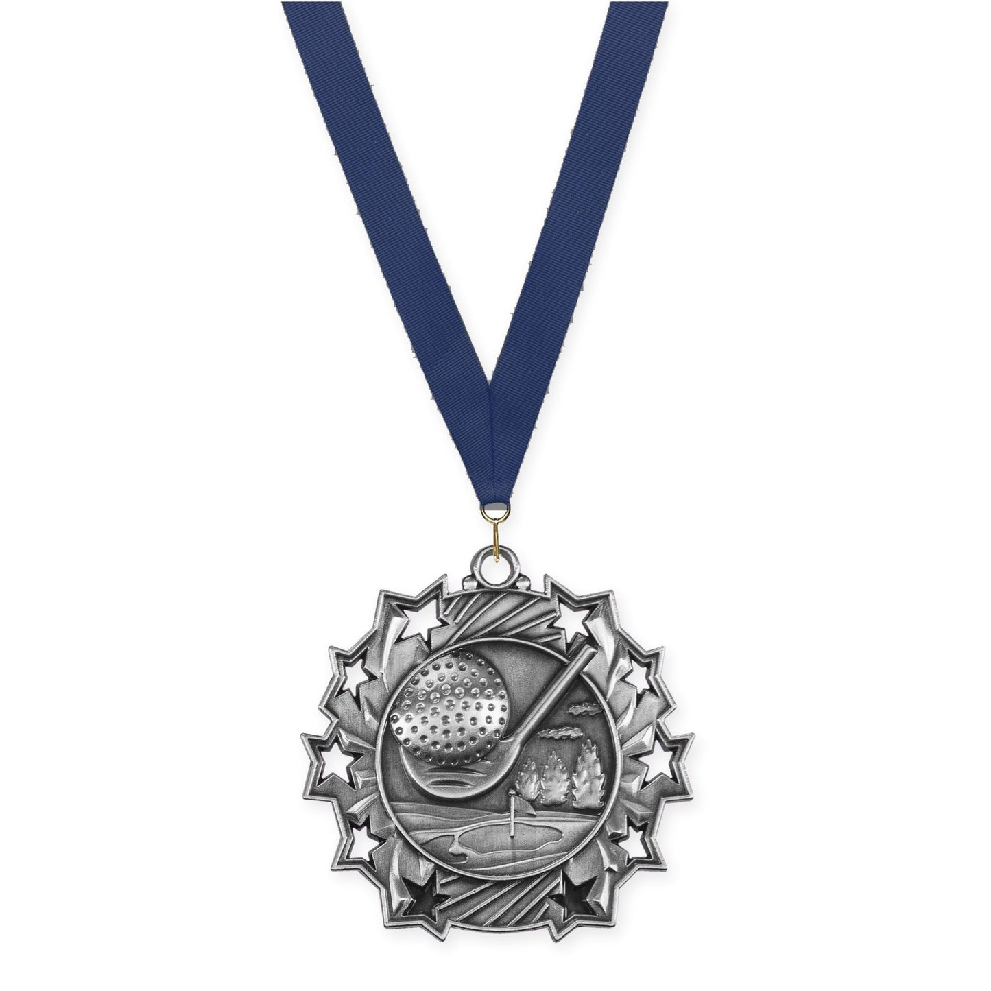 2 1/4 inch golf Ten Star medal in antique silver with Navy neck ribbon