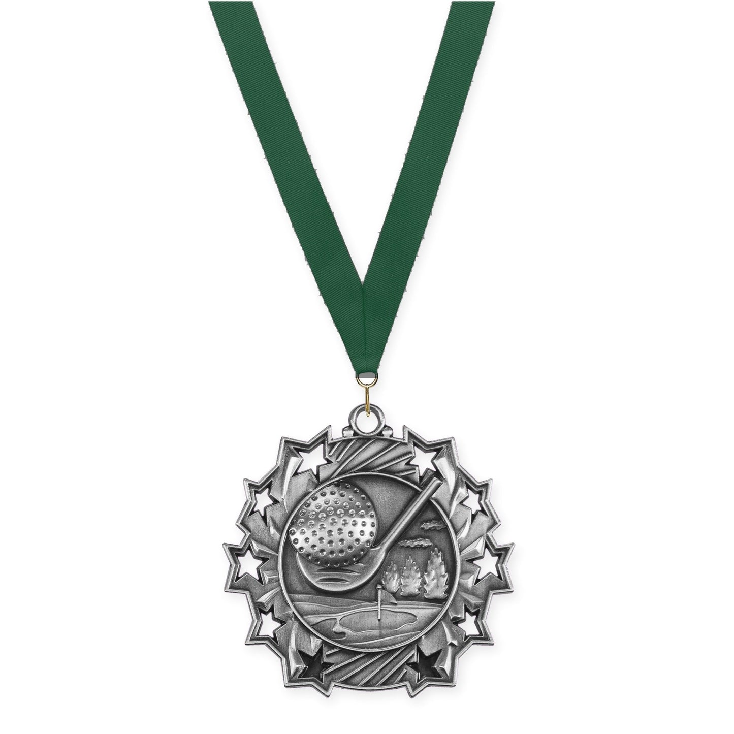 2 1/4 inch golf Ten Star medal in antique silver with Hunter Green neck ribbon
