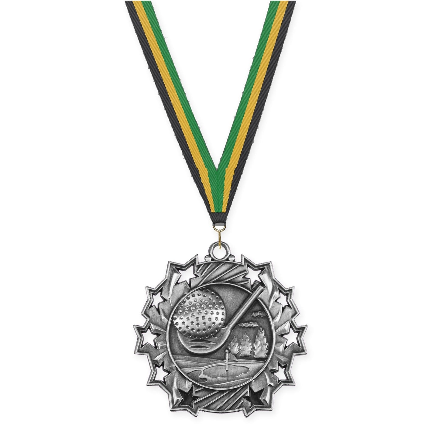 2 1/4 inch golf Ten Star medal in antique silver with Black Gold Green neck ribbon