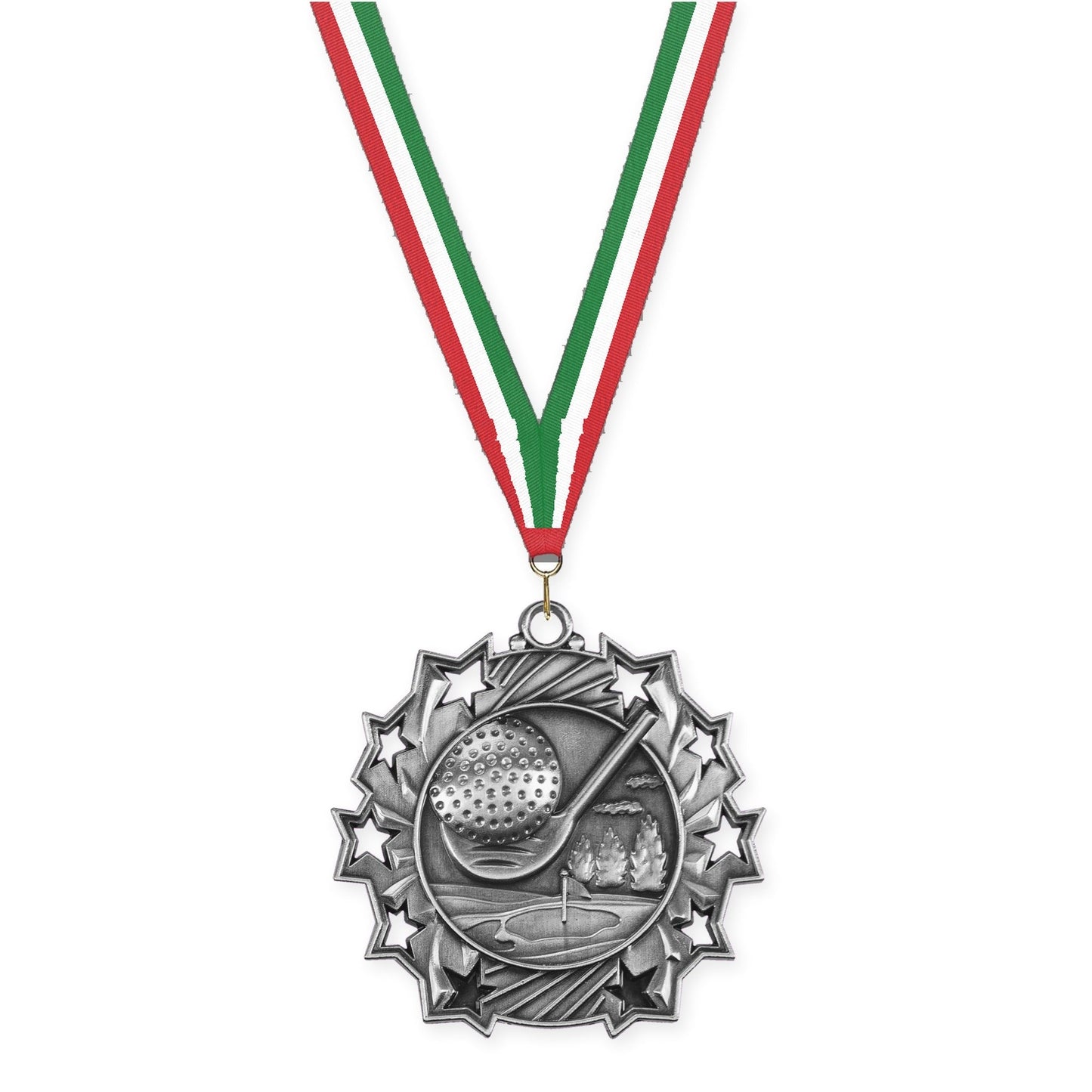 2 1/4 inch golf Ten Star medal in antique silver with Red White Green neck ribbon