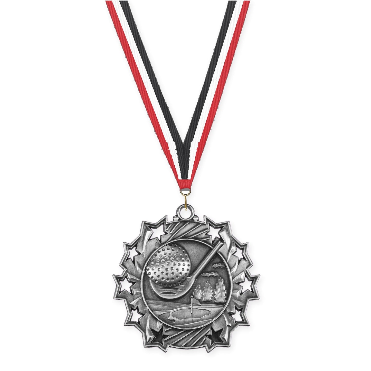 2 1/4 inch golf Ten Star medal in antique silver with Red White Black neck ribbon