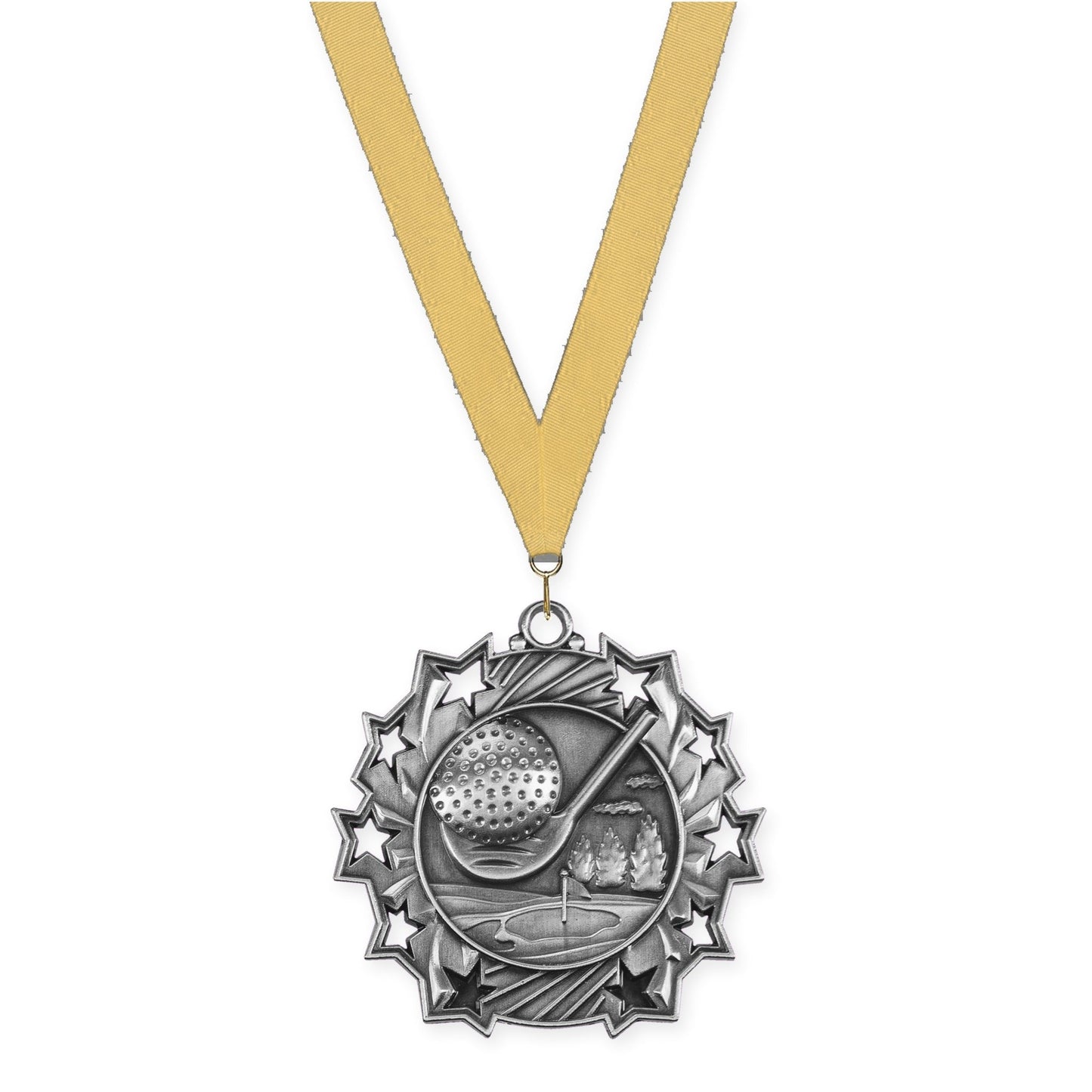 2 1/4 inch golf Ten Star medal in antique silver with Gold Metallic neck ribbon