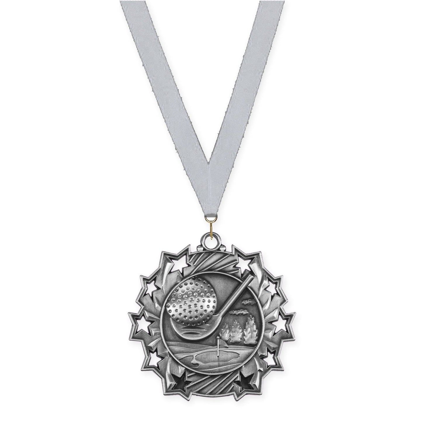 2 1/4 inch golf Ten Star medal in antique silver with Silver Metallic neck ribbon