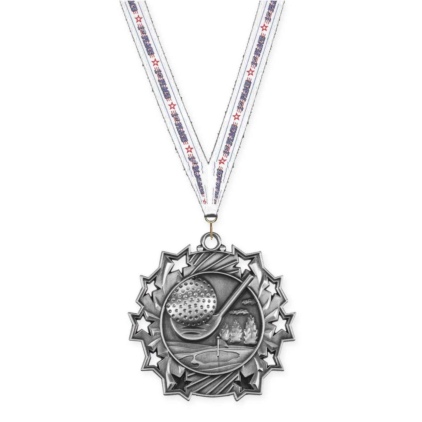 2 1/4 inch golf Ten Star medal in antique silver with 1st Place neck ribbon