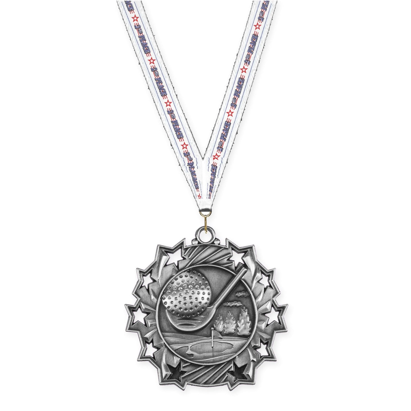 2 1/4 inch golf Ten Star medal in antique silver with 2nd Place neck ribbon