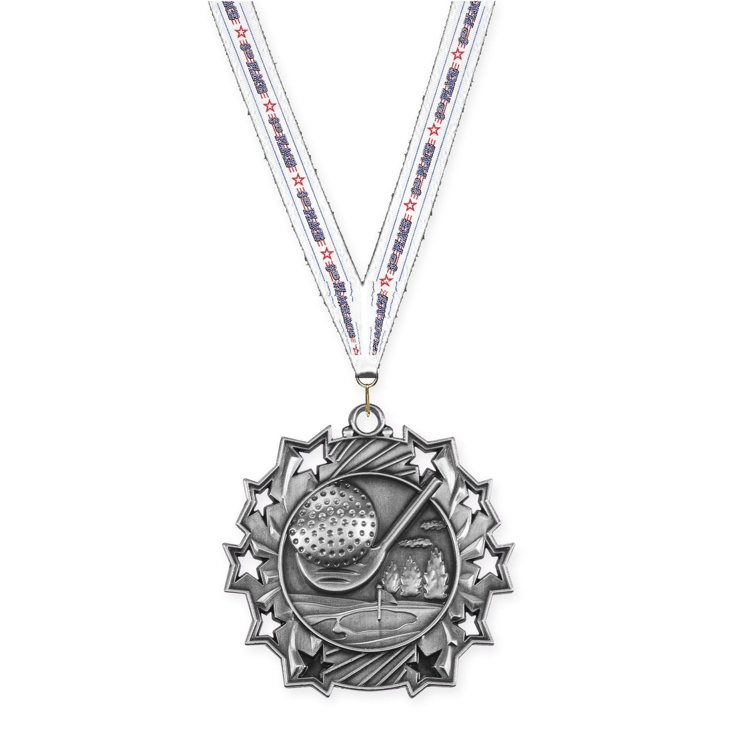 2 1/4 inch golf Ten Star medal in antique silver with 3rd Place neck ribbon