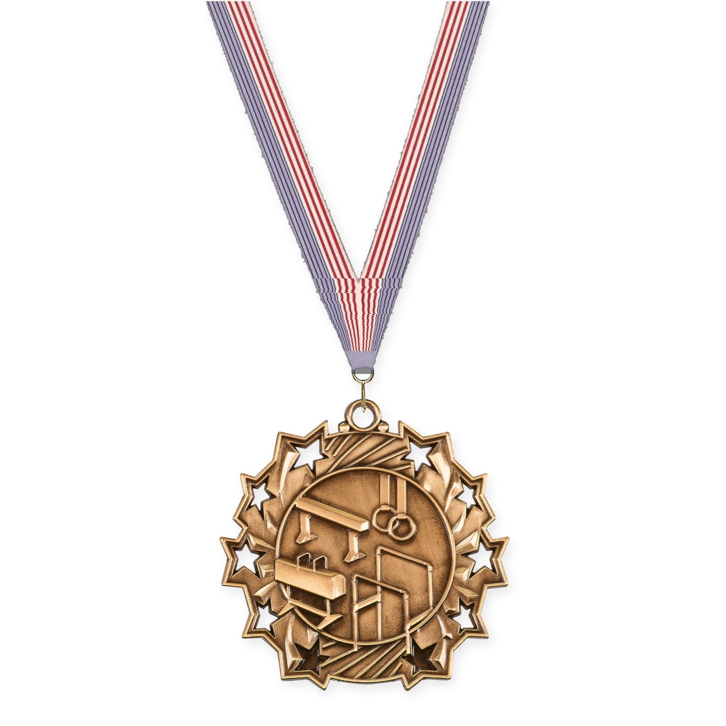 2 1/4 inch gymnastics Ten Star medal in antique bronze with USA Flag neck ribbon