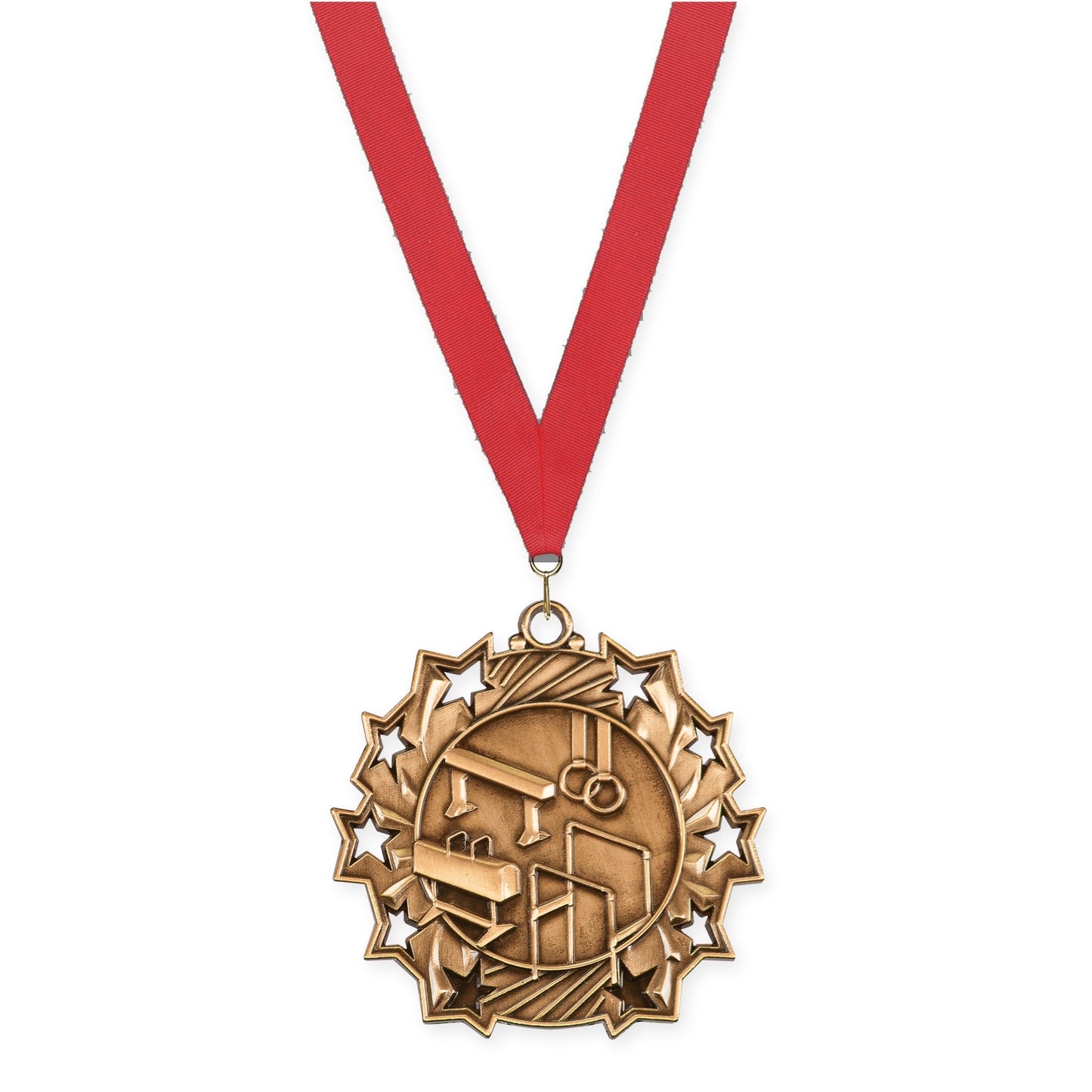 2 1/4 inch gymnastics Ten Star medal in antique bronze with Red neck ribbon