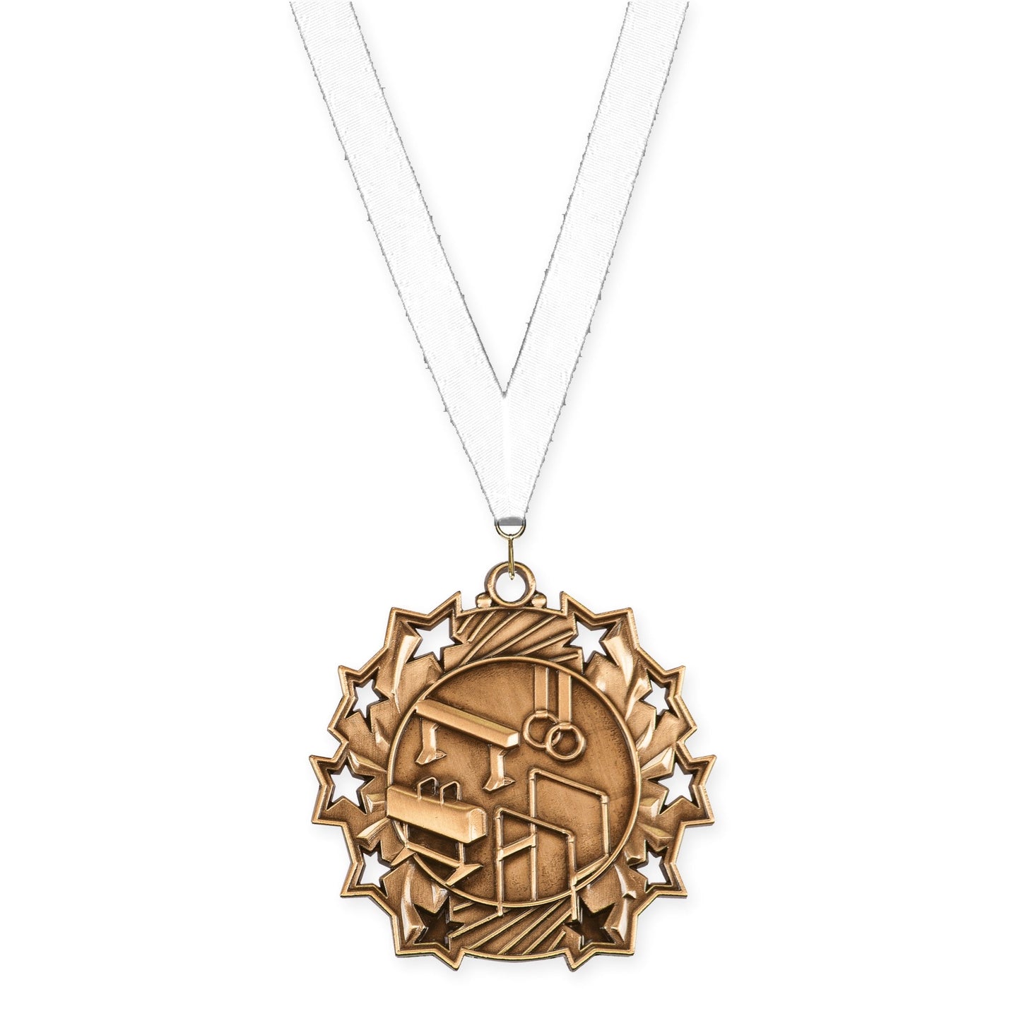 2 1/4 inch gymnastics Ten Star medal in antique bronze with White neck ribbon