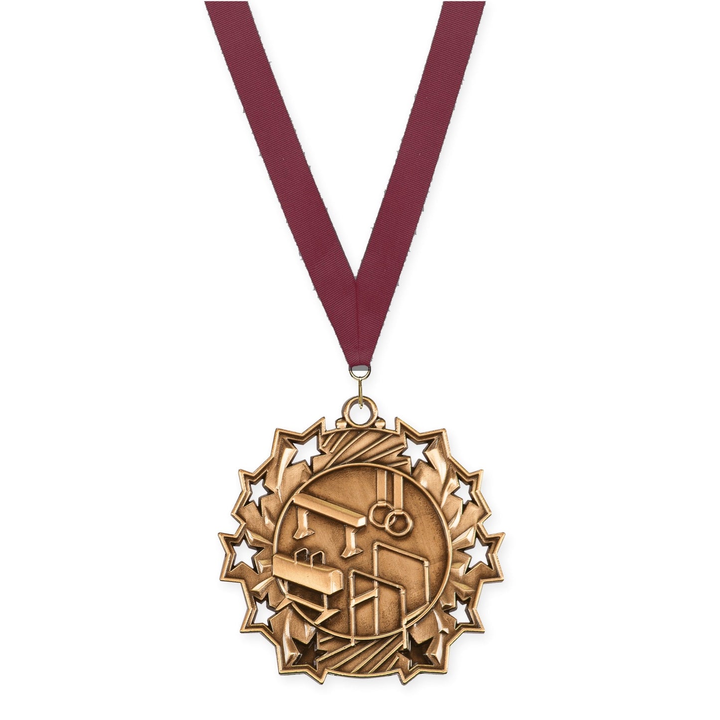 2 1/4 inch gymnastics Ten Star medal in antique bronze with Maroon neck ribbon