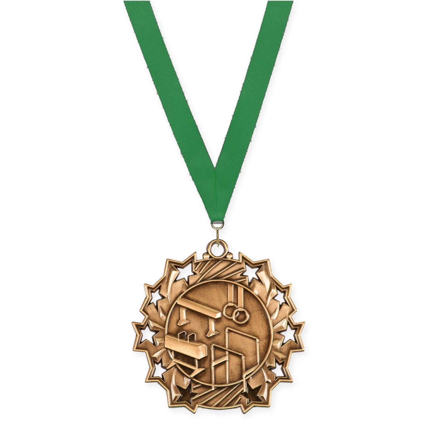 2 1/4 inch gymnastics Ten Star medal in antique bronze with Green neck ribbon