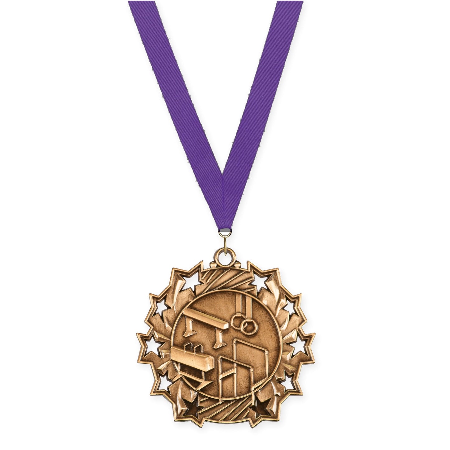 2 1/4 inch gymnastics Ten Star medal in antique bronze with Purple neck ribbon