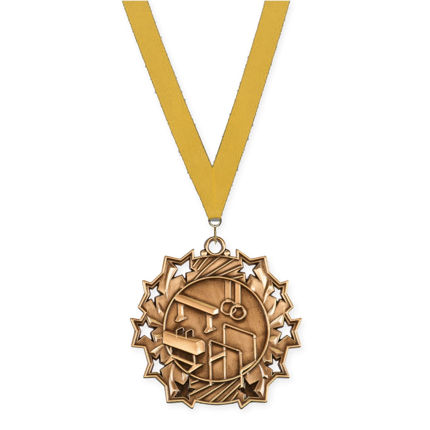 2 1/4 inch gymnastics Ten Star medal in antique bronze with Gold neck ribbon
