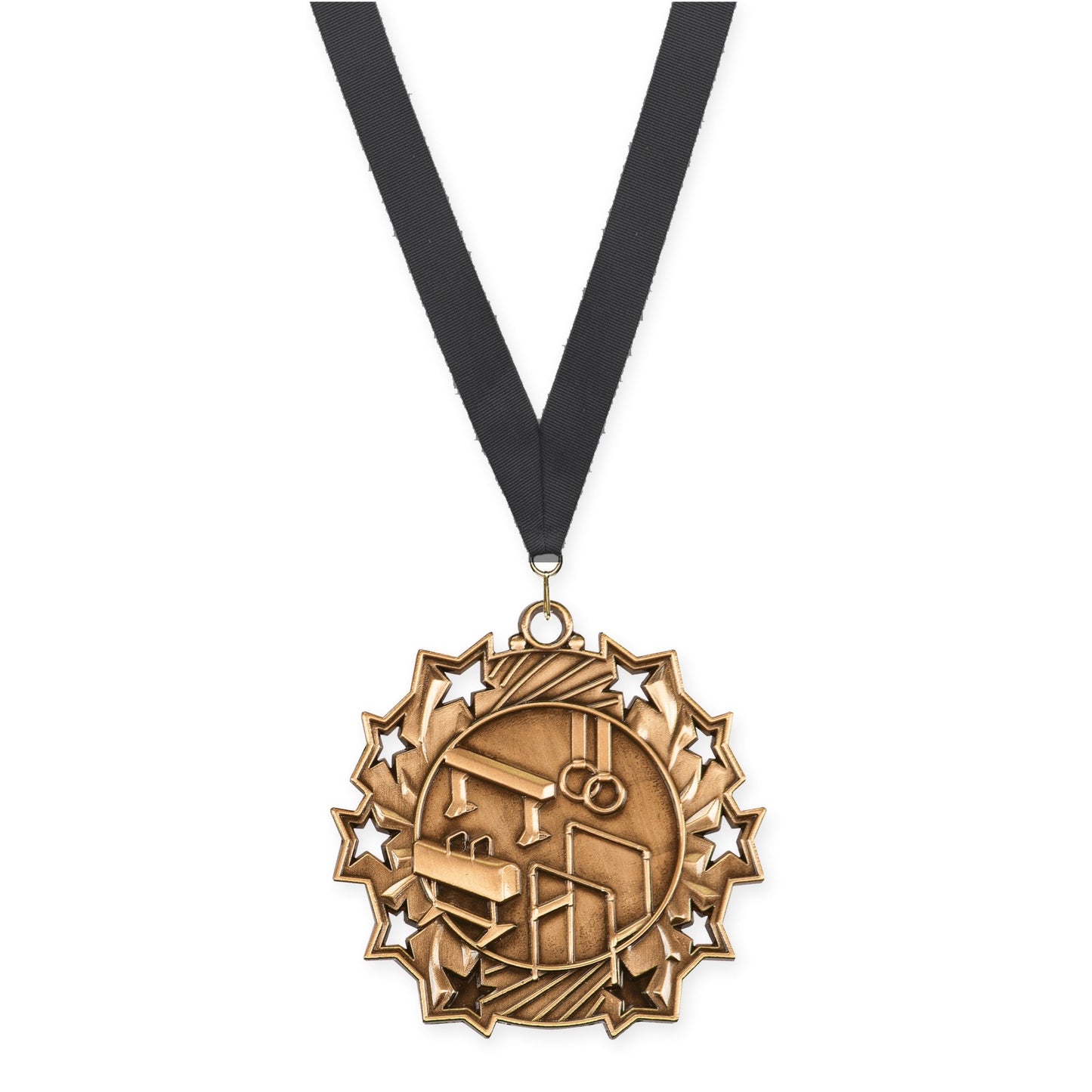 2 1/4 inch gymnastics Ten Star medal in antique bronze with Black neck ribbon