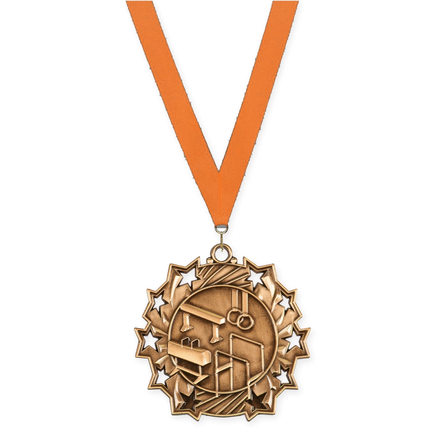 2 1/4 inch gymnastics Ten Star medal in antique bronze with Orange neck ribbon