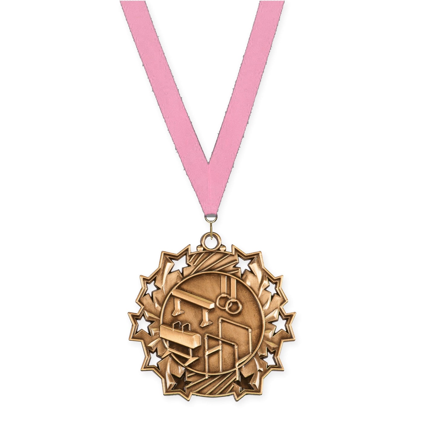 2 1/4 inch gymnastics Ten Star medal in antique bronze with Pink neck ribbon
