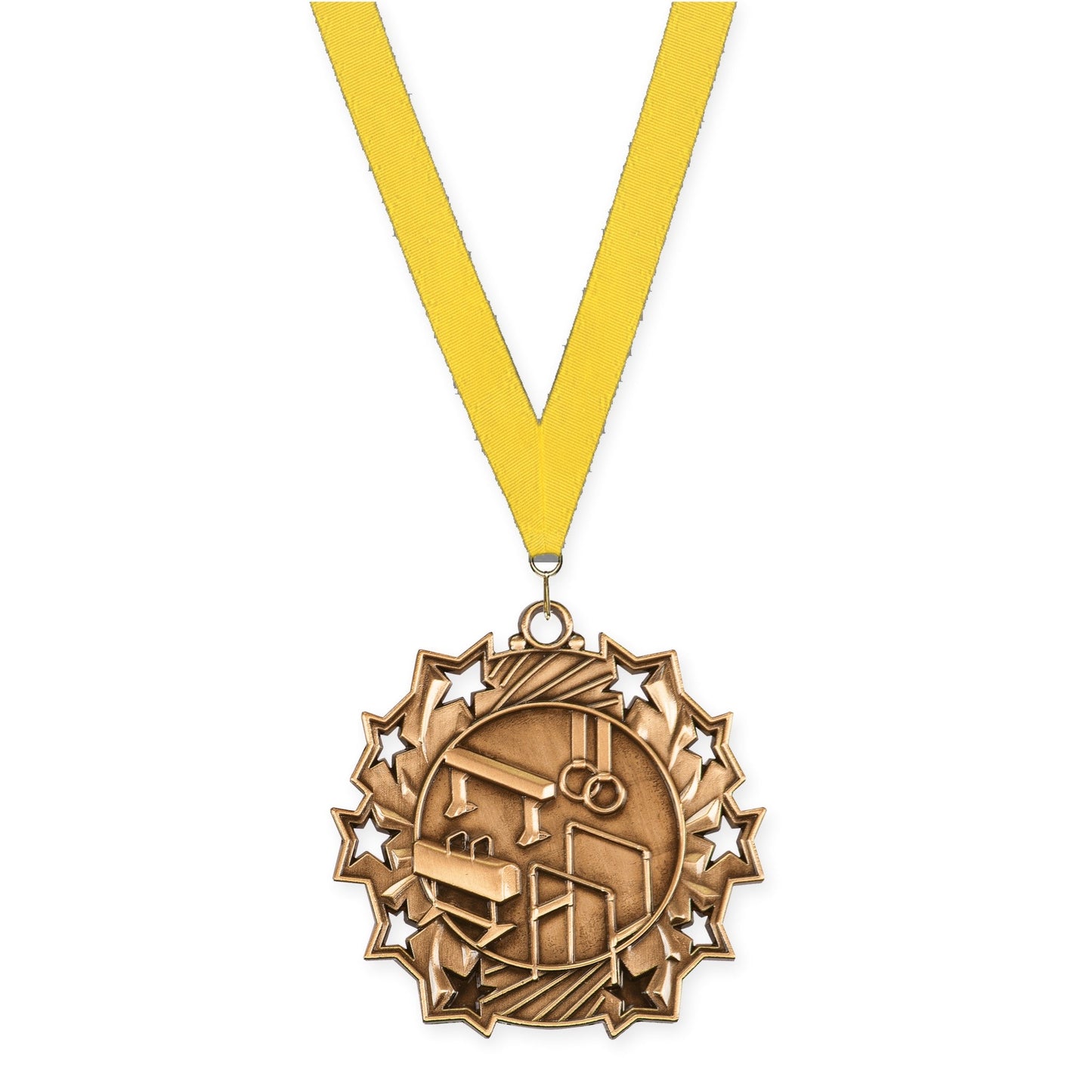 2 1/4 inch gymnastics Ten Star medal in antique bronze with Yellow neck ribbon