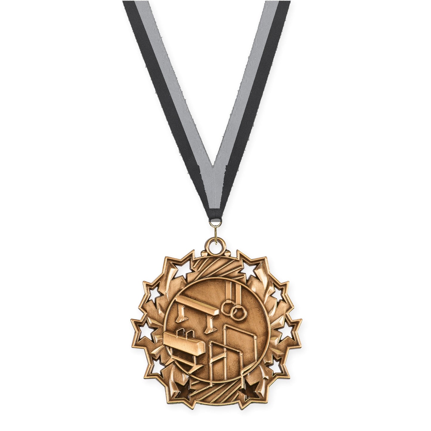 2 1/4 inch gymnastics Ten Star medal in antique bronze with Black Gray neck ribbon