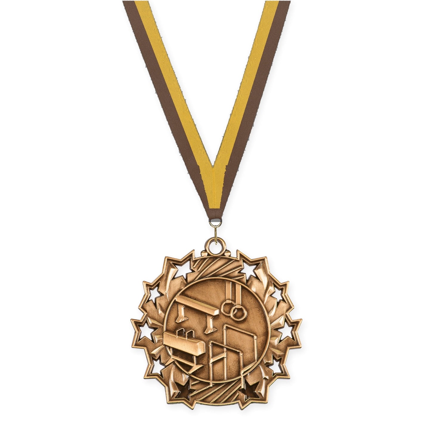 2 1/4 inch gymnastics Ten Star medal in antique bronze with Brown Gold neck ribbon